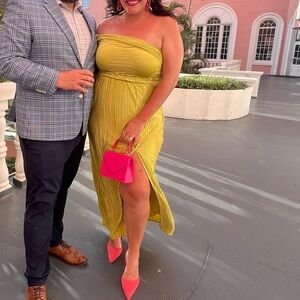 Chartreuse off the shoulder gown with slit